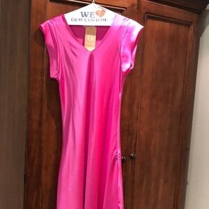 Italian made long silk like Barbie pink long dress o/s